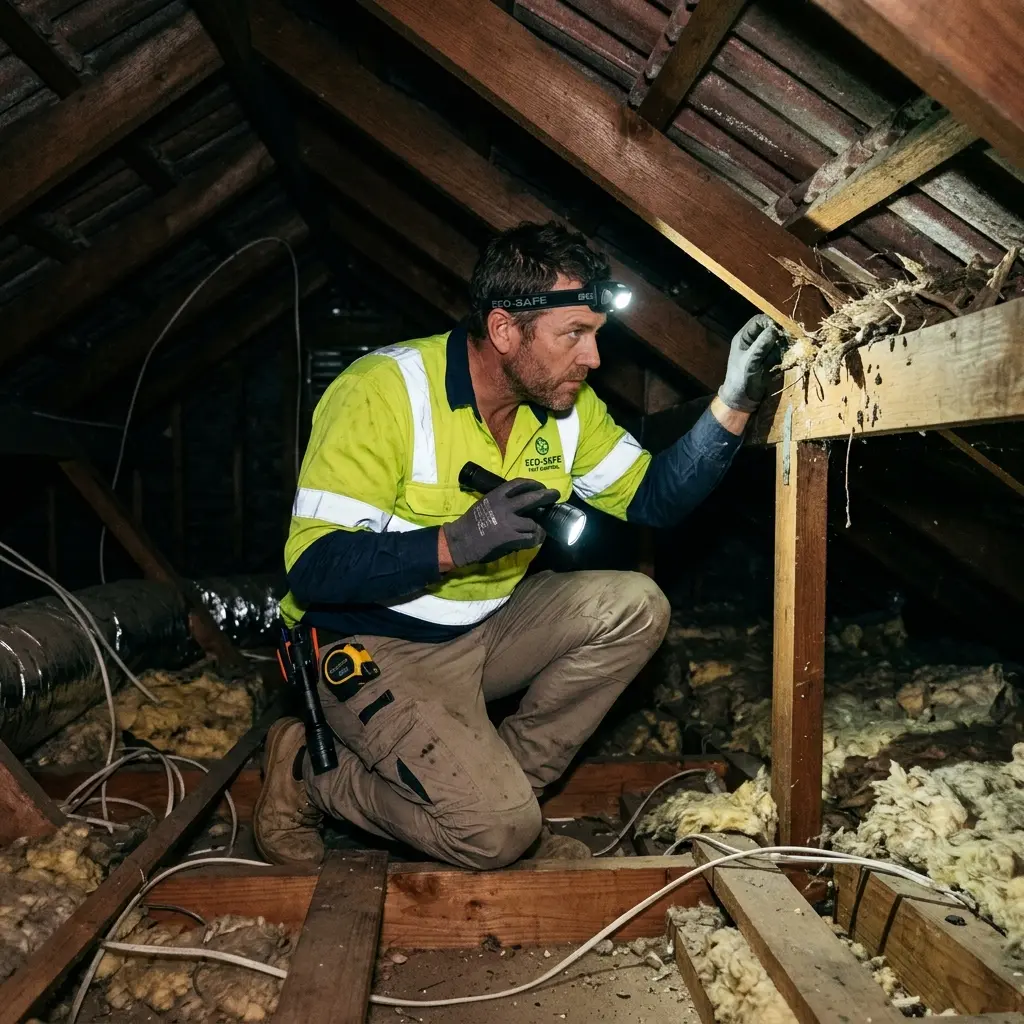 Technician inspecting a roof cavity for a dead animal in Charlemont