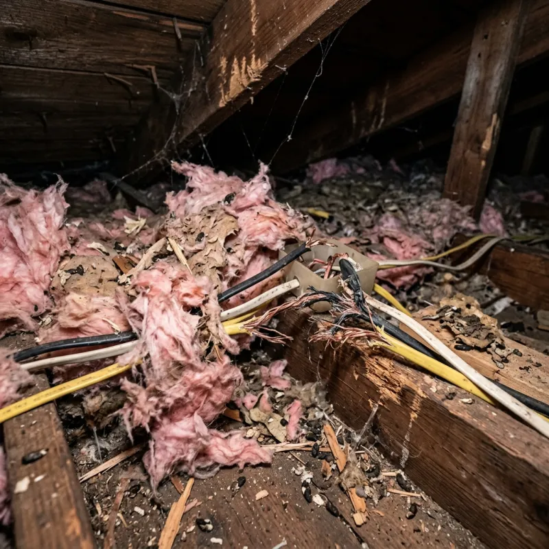 Contaminated ceiling insulation being assessed in a Charlemont roof space