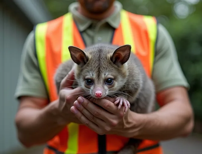 Animal handler safely recovering a deceased possum in Charlemont