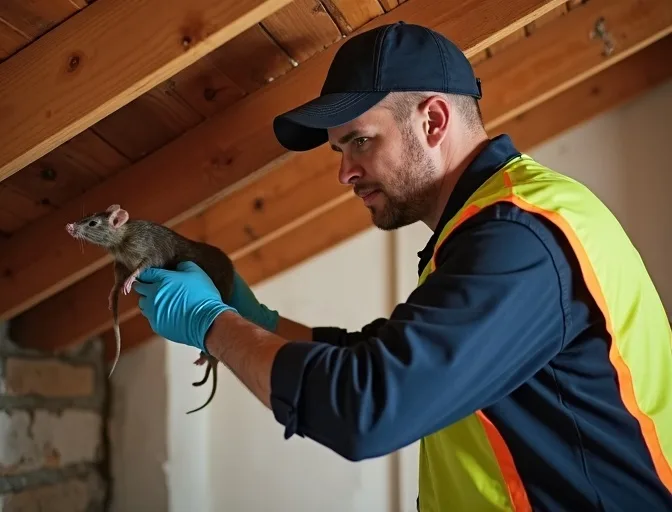 Technician inspecting a roof cavity for a dead rat in Charlemont